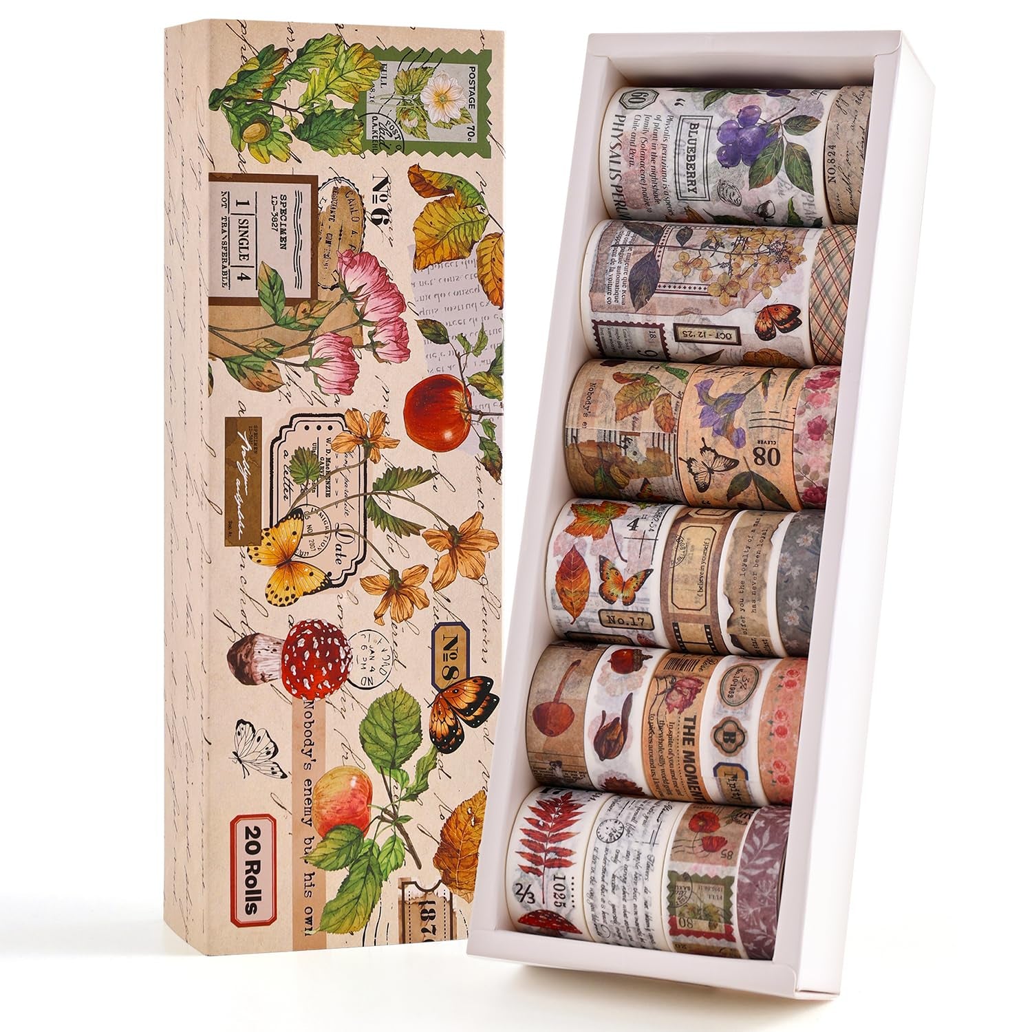 20 Rolls Vintage Floral Washi Tape Set - Beautiful Botanical Designs for Scrapbooking, Journaling & Crafting - 10-60mm Wide, 6.56ft Long Rolls
