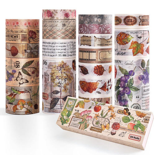 20 Rolls Vintage Floral Washi Tape Set - Beautiful Botanical Designs for Scrapbooking, Journaling & Crafting - 10-60mm Wide, 6.56ft Long Rolls