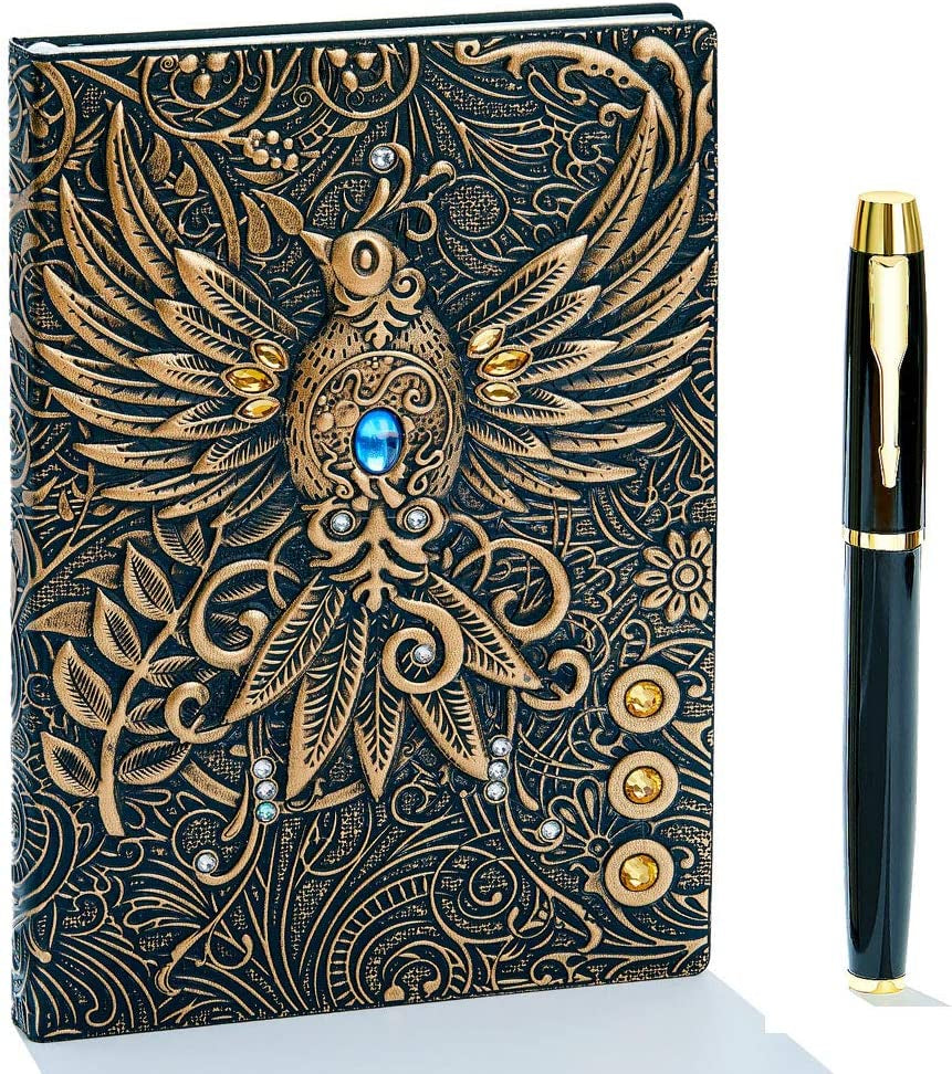 Luxurious Embossed Leather Journal - Antique Handmade Travel Diary & Sketchbook with Golden Classic Pen - Perfect Gift for Men & Women (Bronze)
