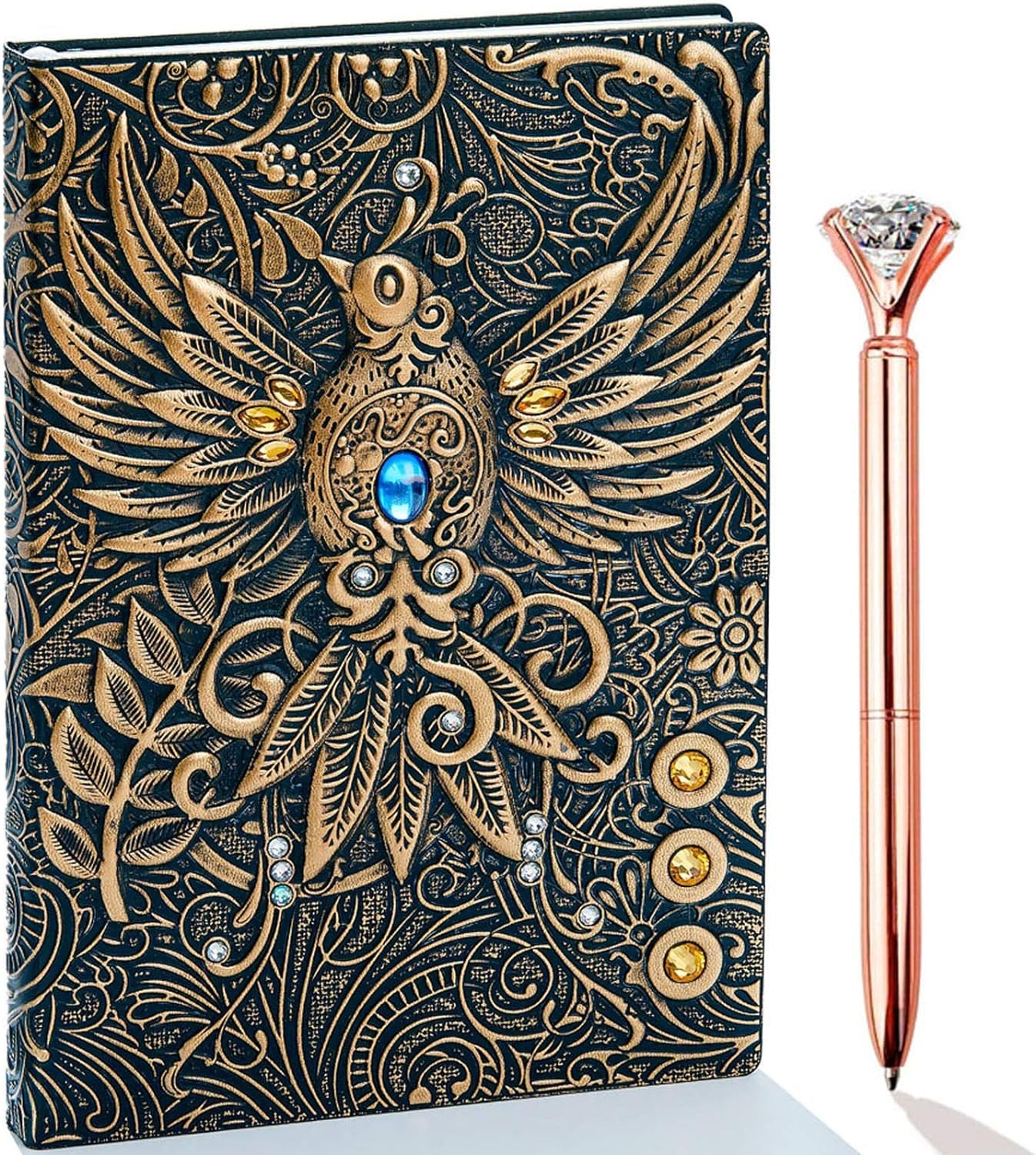 Elegant Vintage 3D Embossed Leather Writing Journal & Diamond Pen Set - A5, 200 Pages, Antique Handmade Travel Diary & Notebook for Men and Women (Train - Redbronze)
