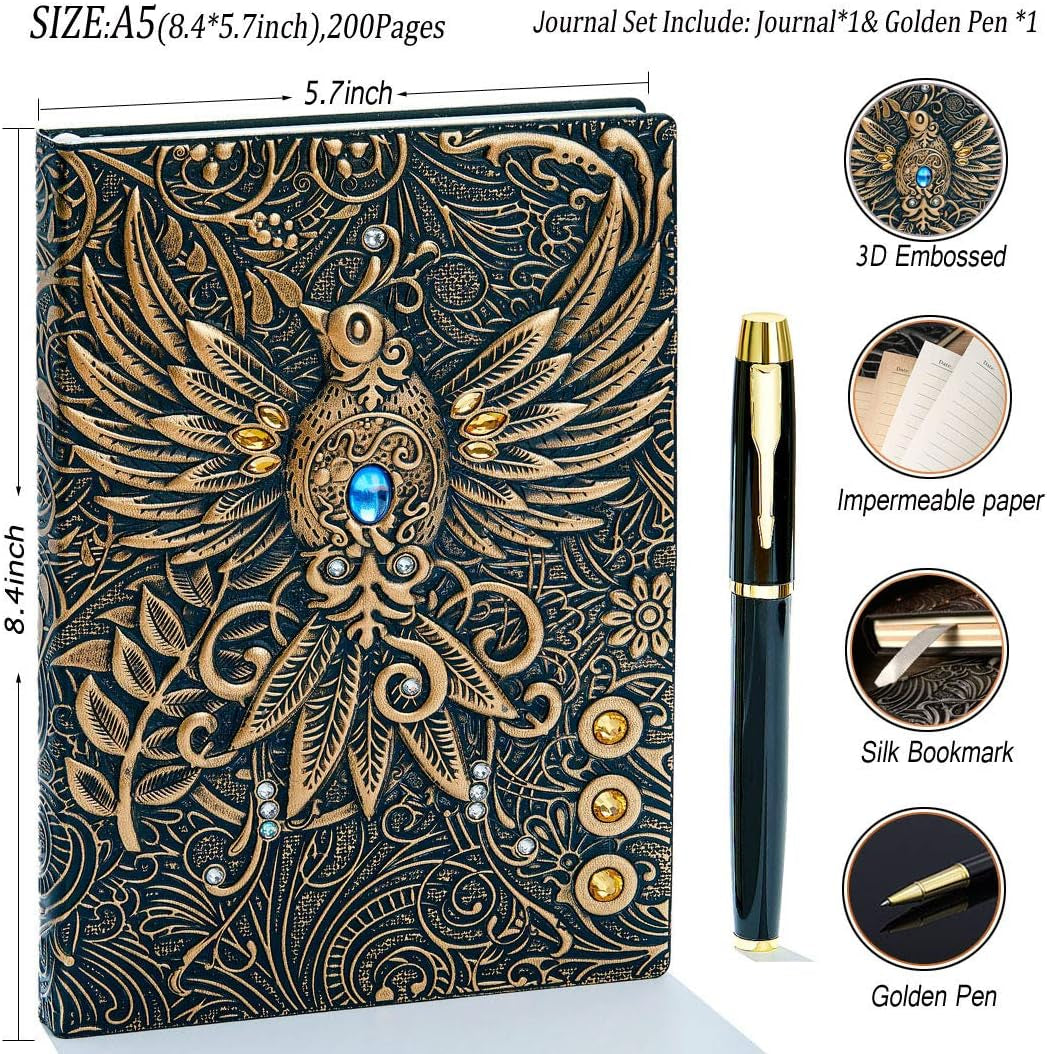 Luxurious Embossed Leather Journal - Antique Handmade Travel Diary & Sketchbook with Golden Classic Pen - Perfect Gift for Men & Women (Bronze)