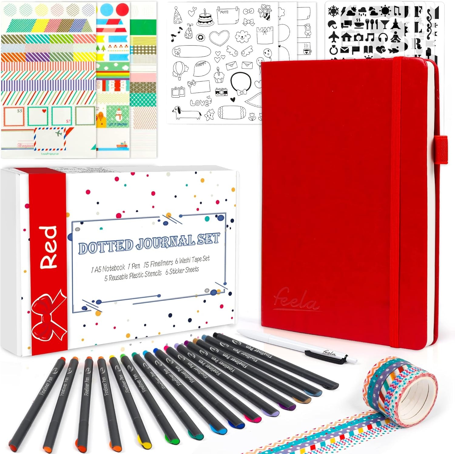 Ultimate Feela Dotted Journal Kit - Stylish Hardcover Planner with 224 Pages, Perfect for Beginners, Women & Girls - Complete with Stencils, Stickers, Pens & Accessories, A5 Size, Black
