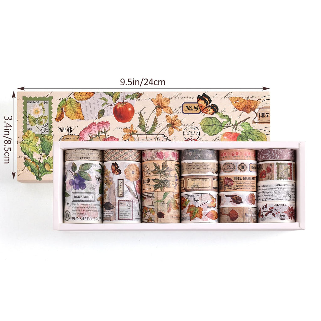 20 Rolls Vintage Floral Washi Tape Set - Beautiful Botanical Designs for Scrapbooking, Journaling & Crafting - 10-60mm Wide, 6.56ft Long Rolls