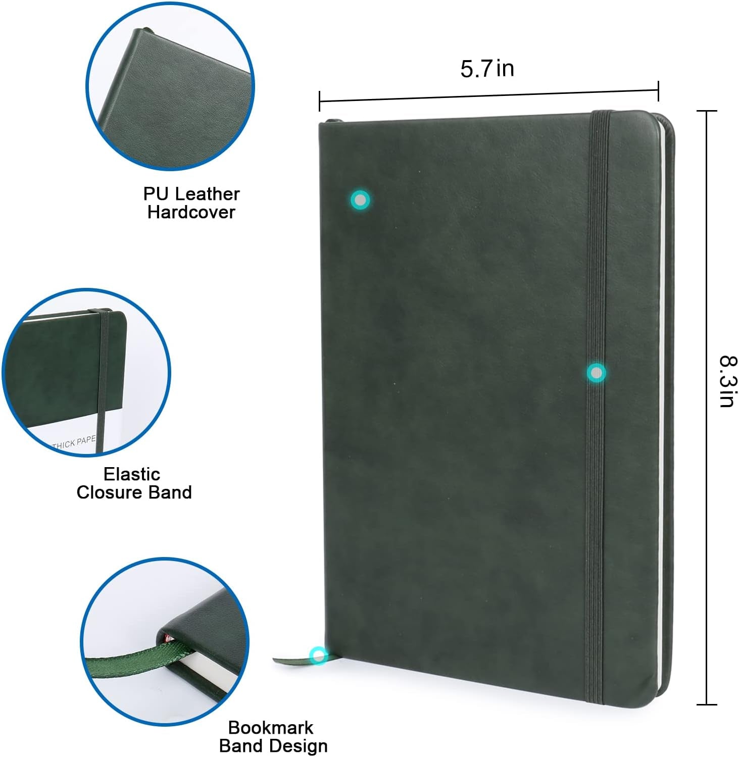 Elegant Dark Green Leather Lined Journal Notebook - 192 Pages, College Ruled, Perfect for Work, Home, and School with Elastic Closure and Ribbon Bookmark (8.3 x 5.7 inches)