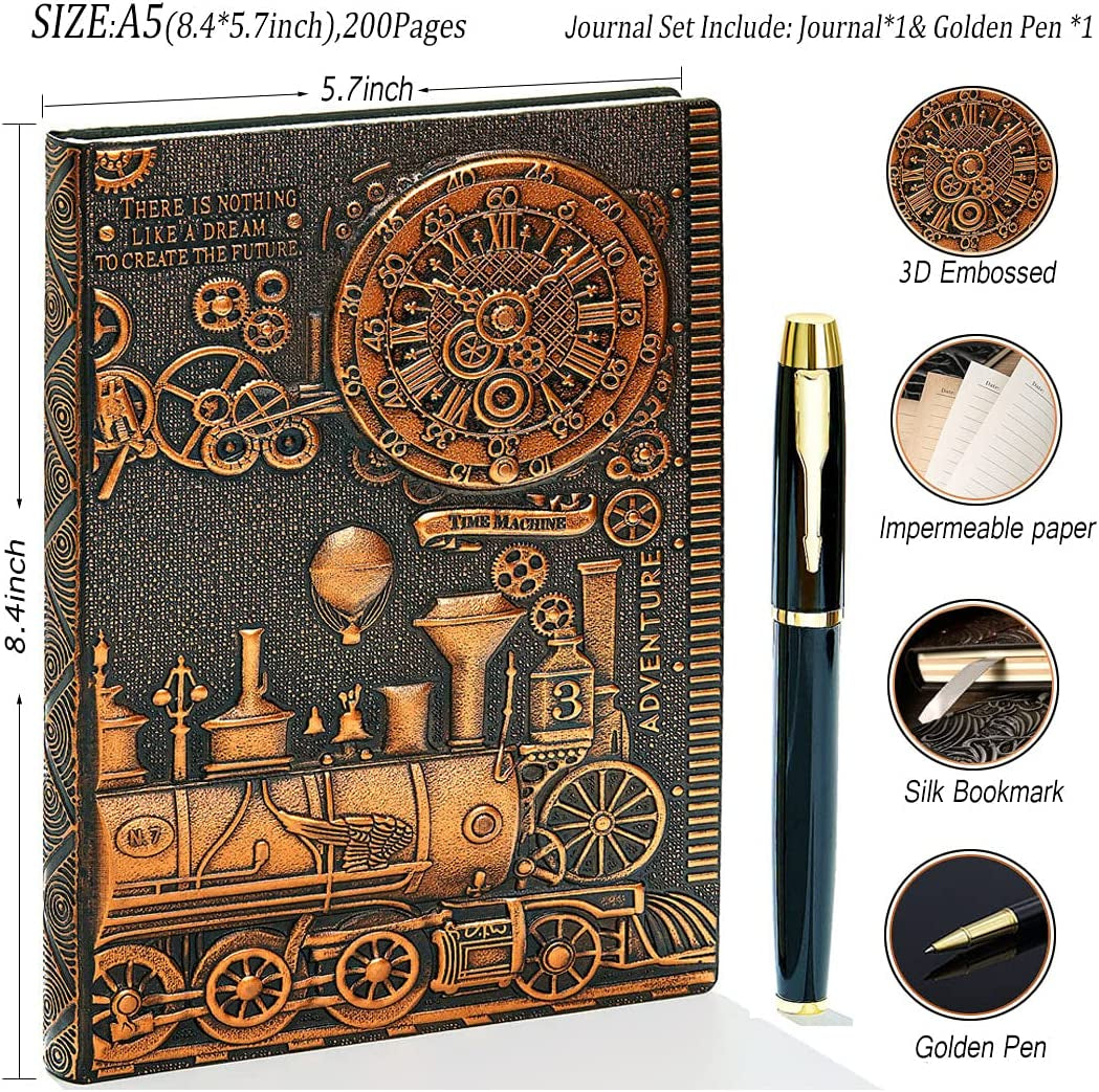 Elegant Vintage 3D Embossed Leather Writing Journal & Diamond Pen Set - A5, 200 Pages, Antique Handmade Travel Diary & Notebook for Men and Women (Train - Redbronze)