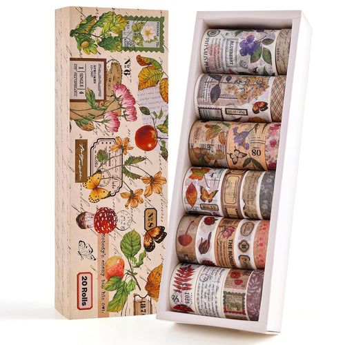 20 Rolls Vintage Floral Washi Tape Set - Beautiful Botanical Designs for Scrapbooking, Journaling & Crafting - 10-60mm Wide, 6.56ft Long Rolls