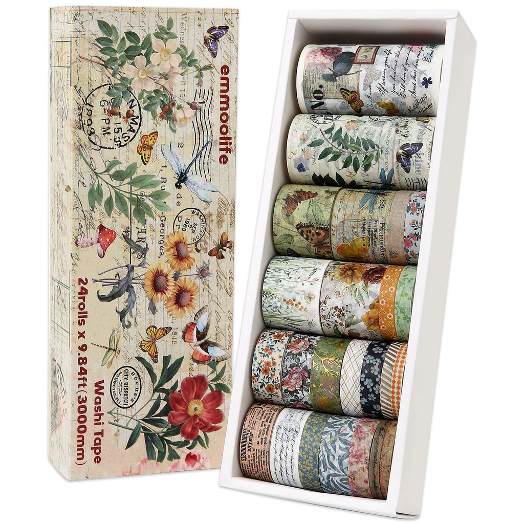 20 Rolls Vintage Floral Washi Tape Set - Beautiful Botanical Designs for Scrapbooking, Journaling & Crafting - 10-60mm Wide, 6.56ft Long Rolls