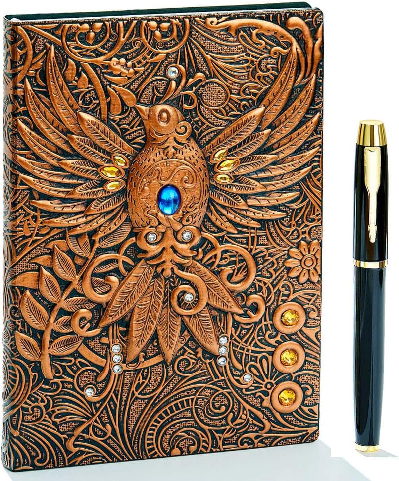 Luxurious Embossed Leather Journal - Antique Handmade Travel Diary & Sketchbook with Golden Classic Pen - Perfect Gift for Men & Women (Bronze)
