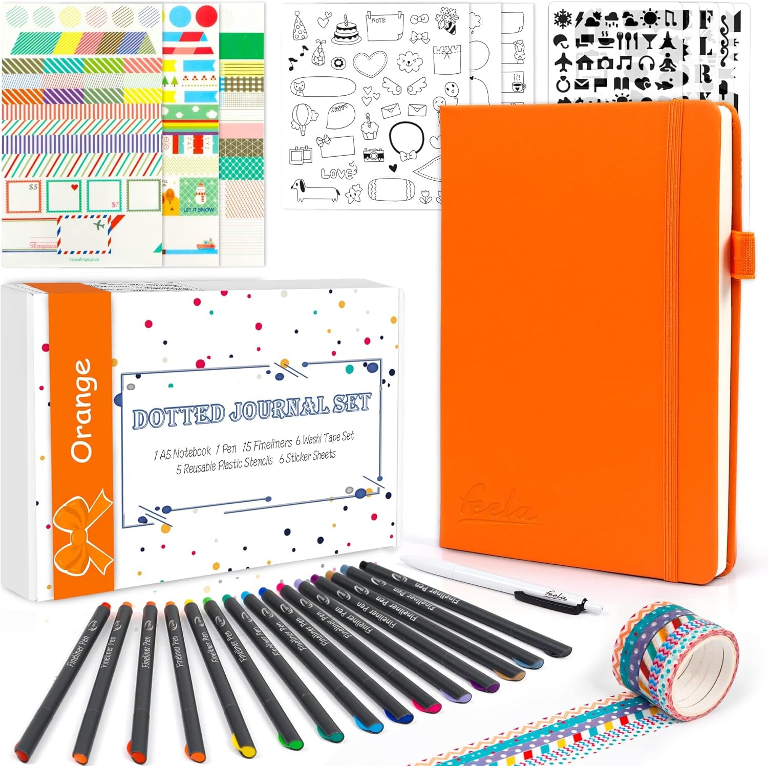 Ultimate Feela Dotted Journal Kit - Stylish Hardcover Planner with 224 Pages, Perfect for Beginners, Women & Girls - Complete with Stencils, Stickers, Pens & Accessories, A5 Size, Black