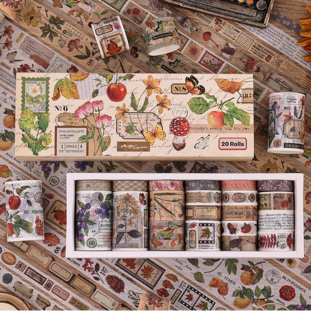 20 Rolls Vintage Floral Washi Tape Set - Beautiful Botanical Designs for Scrapbooking, Journaling & Crafting - 10-60mm Wide, 6.56ft Long Rolls