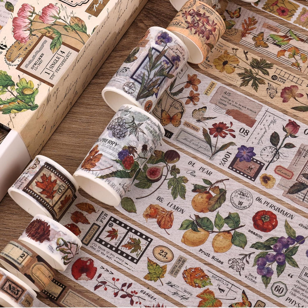 20 Rolls Vintage Floral Washi Tape Set - Beautiful Botanical Designs for Scrapbooking, Journaling & Crafting - 10-60mm Wide, 6.56ft Long Rolls