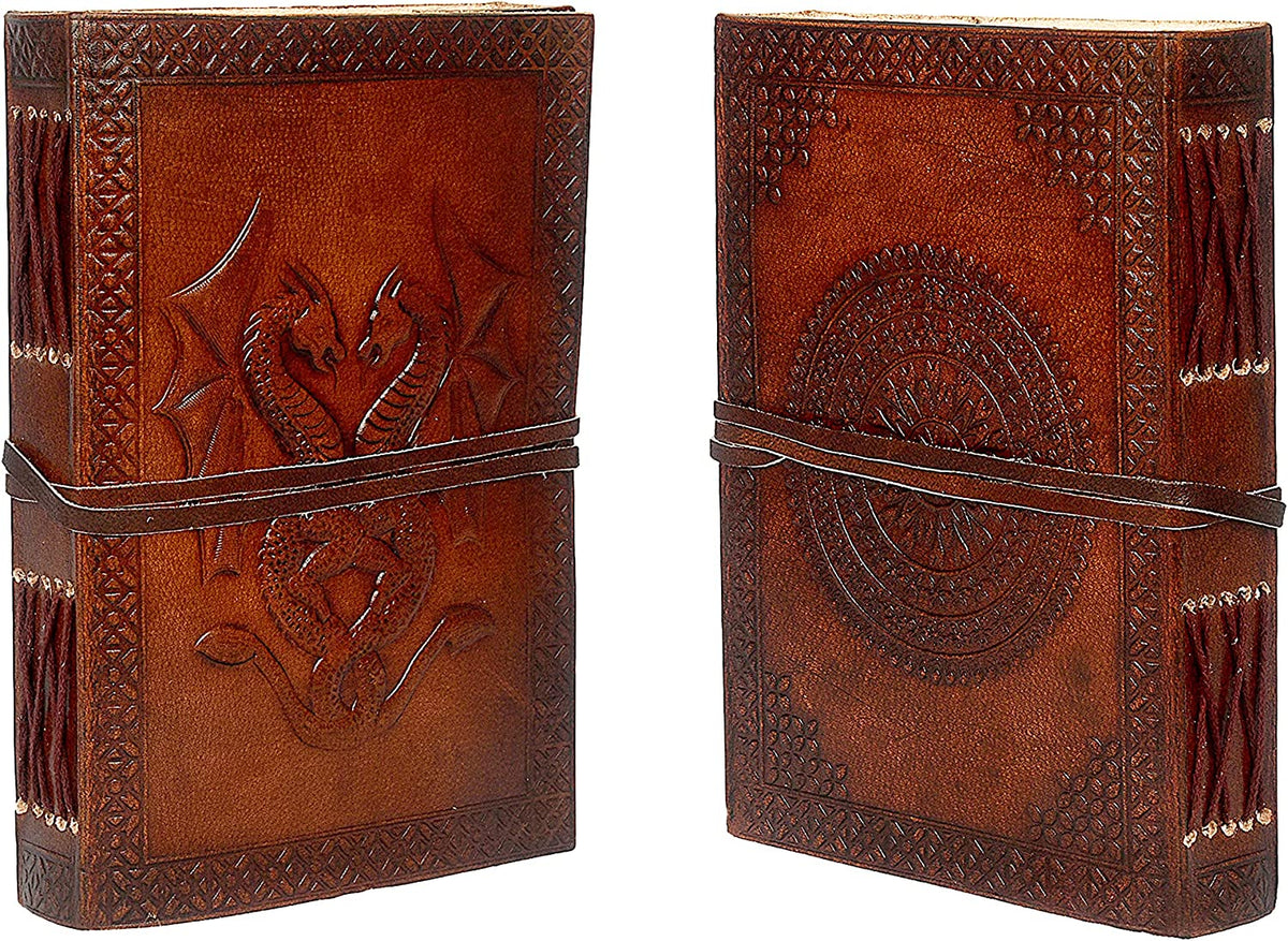 Exquisite Antique Leather Journal - Dragon Embossed Writing Notebook with Wraparound Tie, Perfect for Travel, Office, and Creative Thoughts - Ideal Gift for Men and Women, 7x5 Inches, Brown