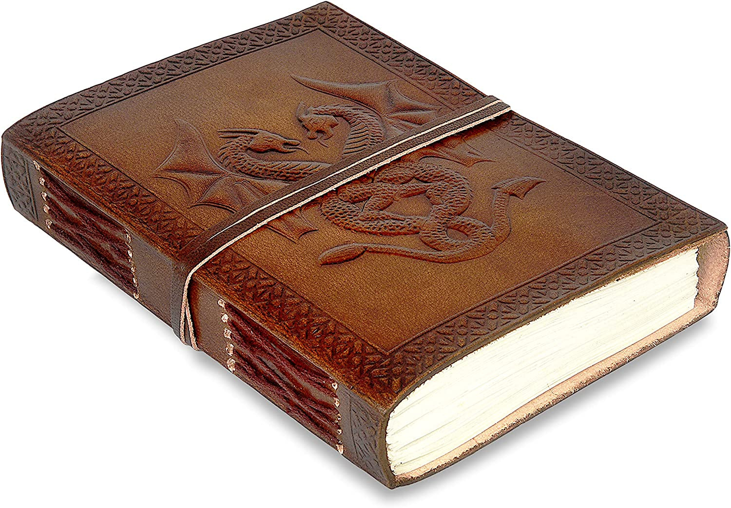 Exquisite Antique Leather Journal - Dragon Embossed Writing Notebook with Wraparound Tie, Perfect for Travel, Office, and Creative Thoughts - Ideal Gift for Men and Women, 7x5 Inches, Brown