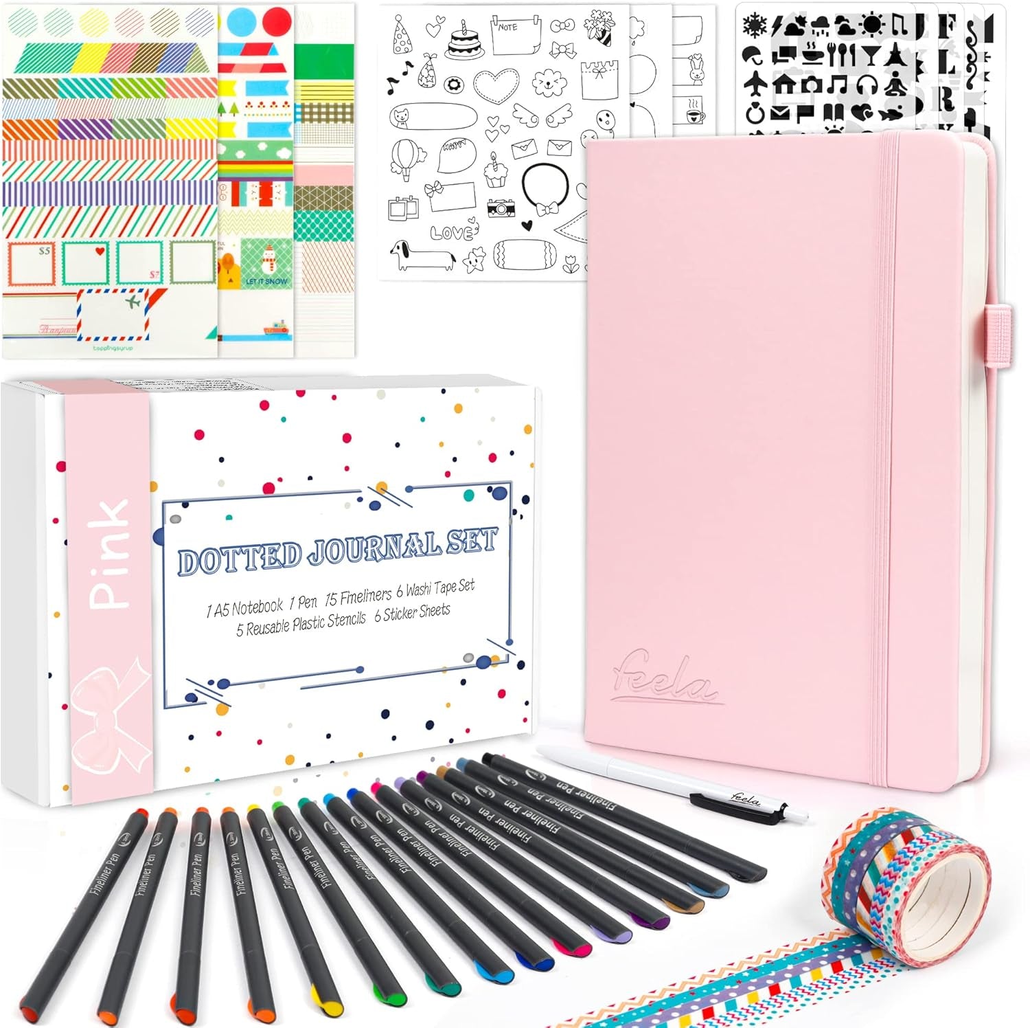Ultimate Feela Dotted Journal Kit - Stylish Hardcover Planner with 224 Pages, Perfect for Beginners, Women & Girls - Complete with Stencils, Stickers, Pens & Accessories, A5 Size, Black