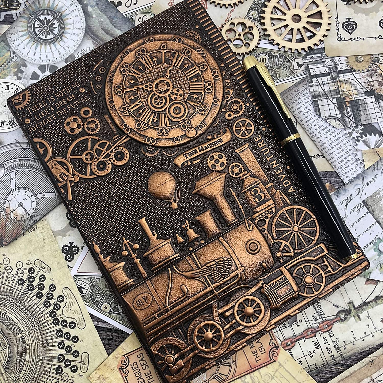 Elegant Vintage 3D Embossed Leather Writing Journal & Diamond Pen Set - A5, 200 Pages, Antique Handmade Travel Diary & Notebook for Men and Women (Train - Redbronze)